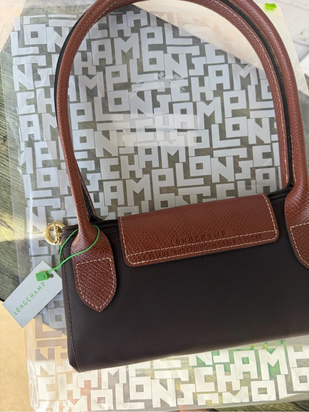 Longchamp Dark Brown Nylon Shoulder Bag with Brown Leather Trim -16in